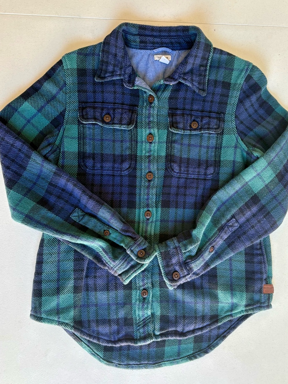 L.L. Bean Womens Slightly Fitted Plaid Shirt XS Blue Green Cotton Jacket Shacket